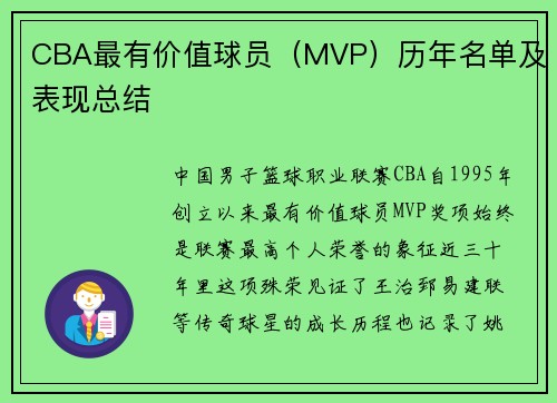 CBA最有价值球员（MVP）历年名单及表现总结